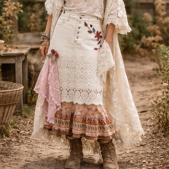 Upcycled Patchwork Lace Maxi Skirt Size 12 Boho Mixed Fabrics Reworked Vintage - Picture 3 of 11